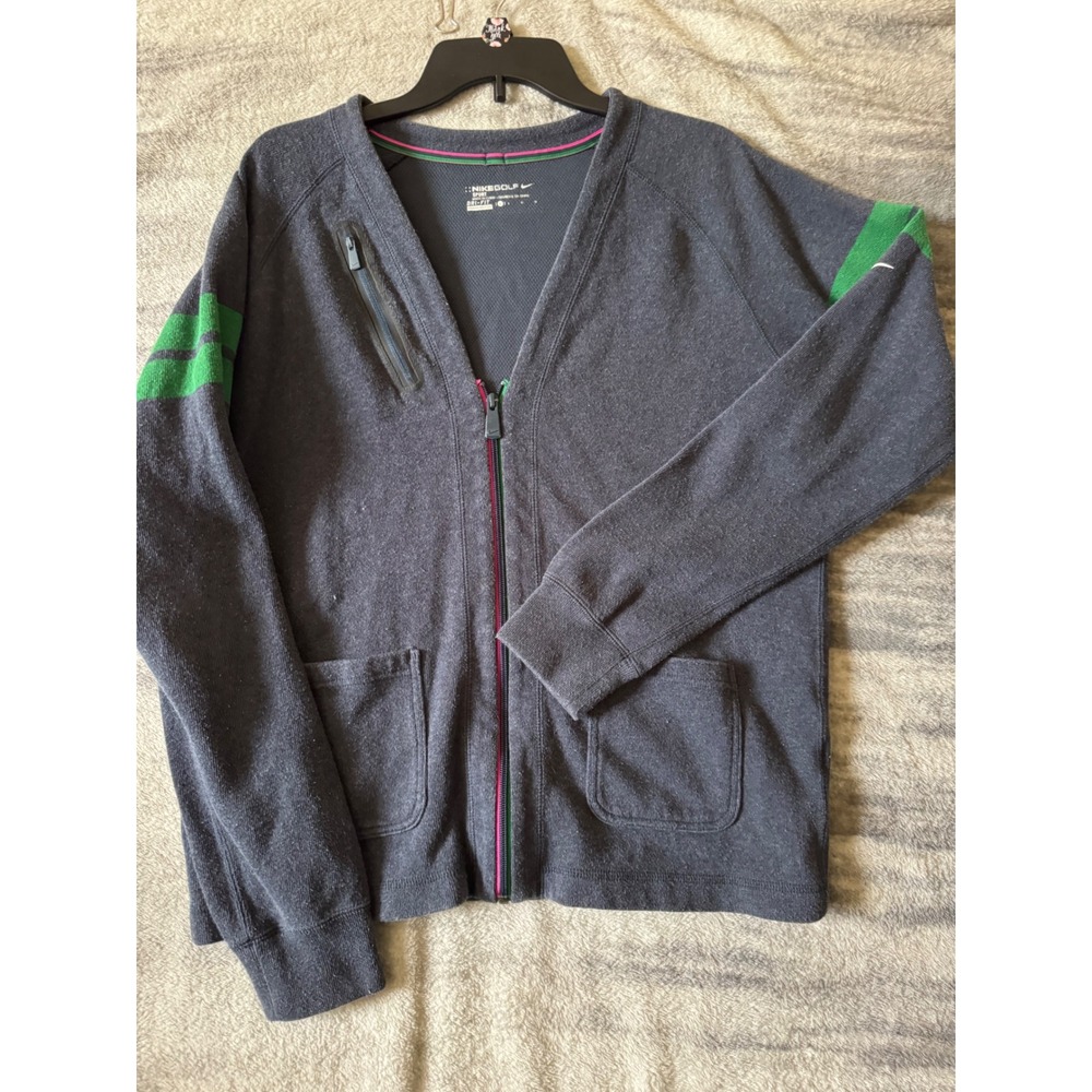 Nike Sweater Mens L Large Navy Blue Dri Fit Player Golf Cardigan V-Neck Preppy